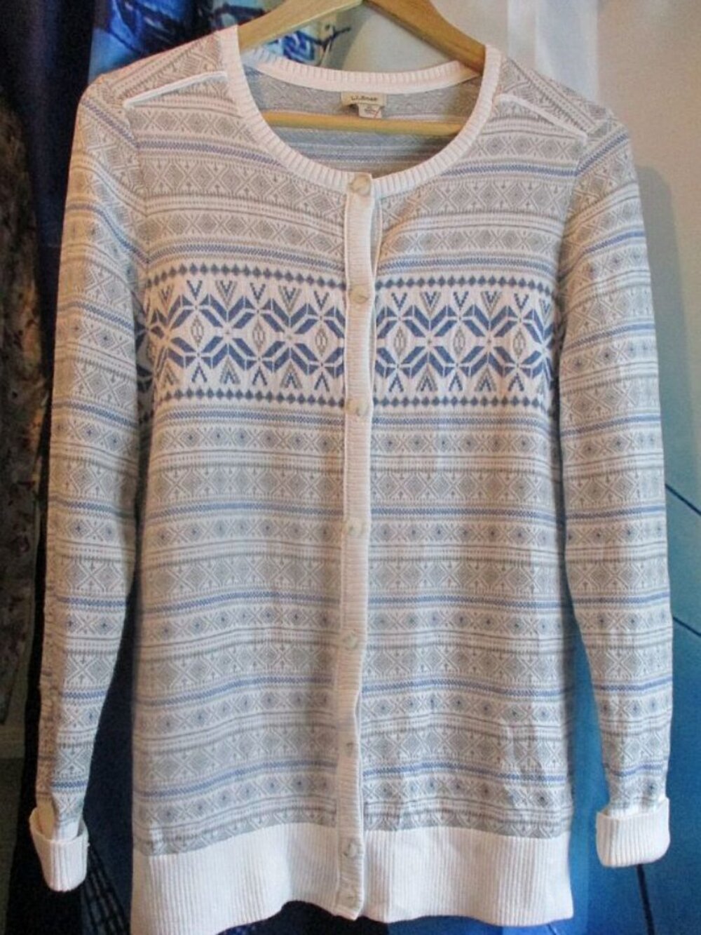 "L.L.BEAN" Cotton/Cashmere Fair Isle Knit Cardigan/Button-Front Woman M
